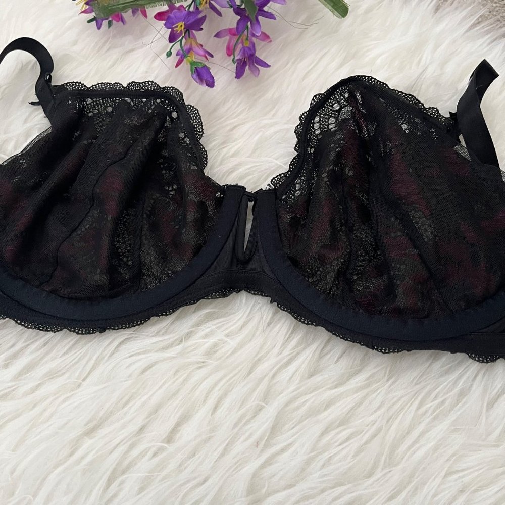 Cacique Bra Plus Size 40 DD Floral Lace Color Black Dark Red Maroon Unlined - Picture 6 of 9